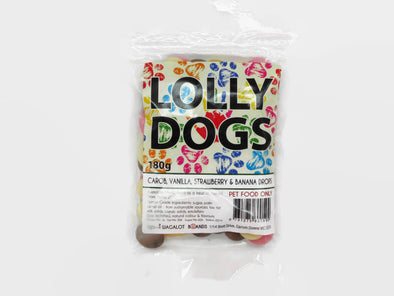 PETES TREATS: <br> LOLLY DOGS <br> Banana, Carob, Vanilla <br>& Strawberry Drops